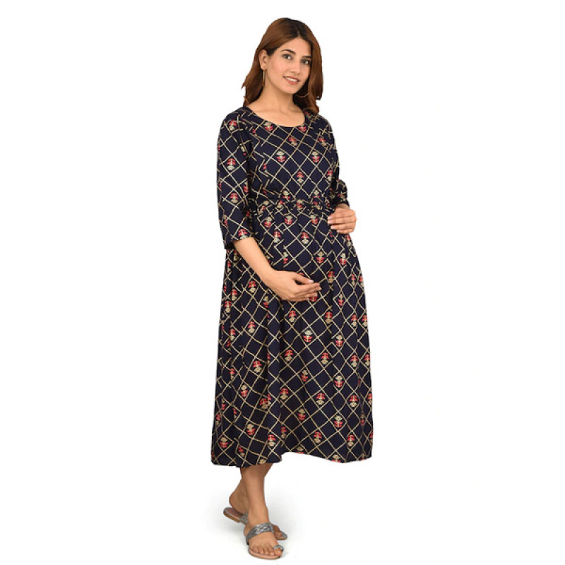 Women Navy Blue Maternity A-Line Midi Dress