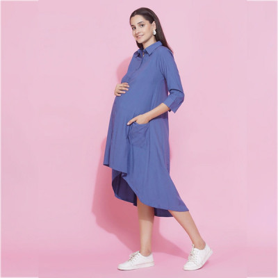 Women Blue Maternity Shirt Midi Dress