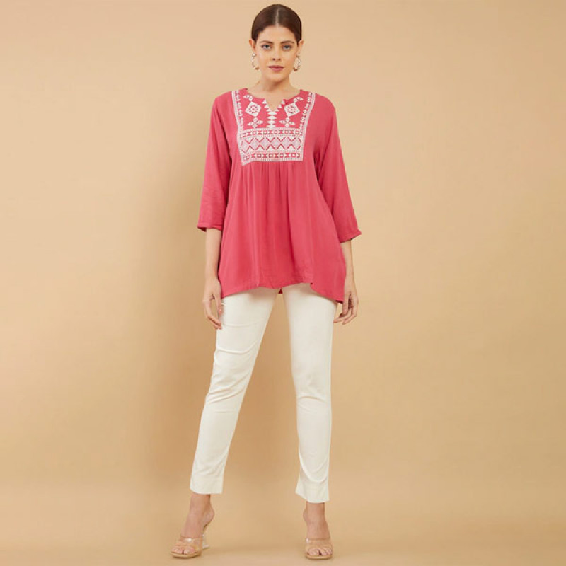 Pink & White Viscose Rayon Embroidered Tunic