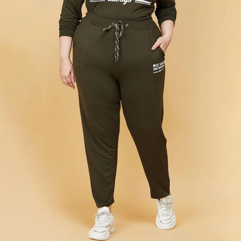 Women Plus Size Green Solid Track Pants