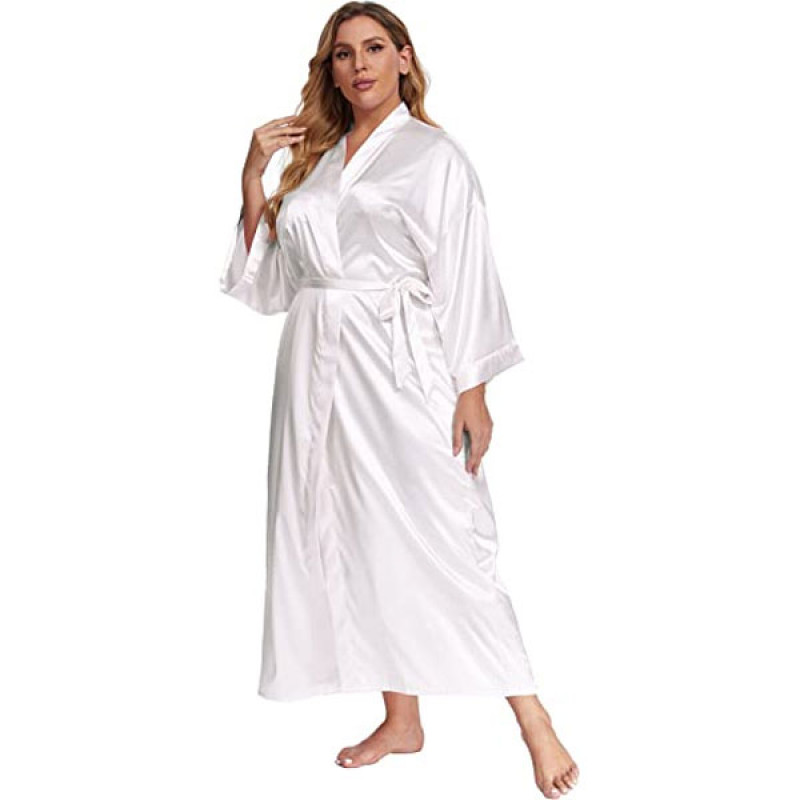 feslieacc Women's Plus Size Long Satin Robes Plus Size Long Silk Robes Kimonos Sleepwear Dressing Gown