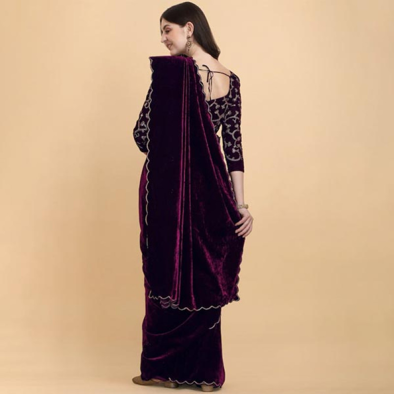 Purple Embellished Aari Work Velvet Saree