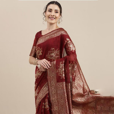 Maroon Floral Linen Blend Banarasi Saree