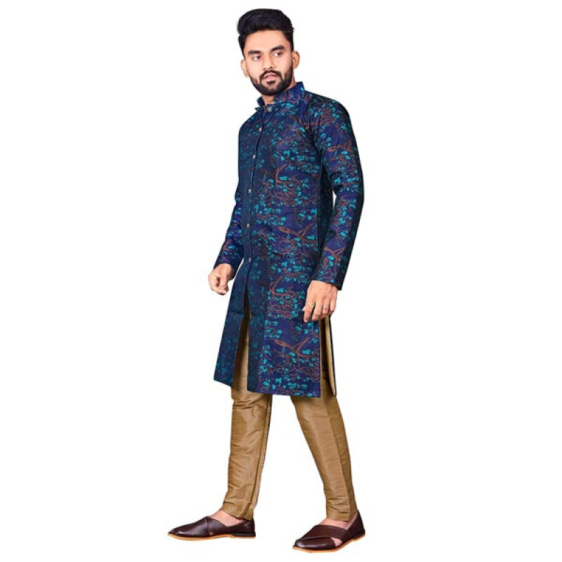 DREAM BLUE Men's Traditional Stitched Heavy Jecquard Kurta Pajama Sherwani Set (Dark Blue)