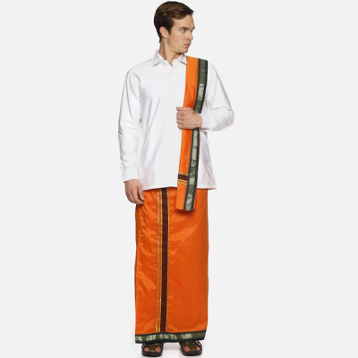 Men Orange Solid Readymade Dhoti With Angavastram